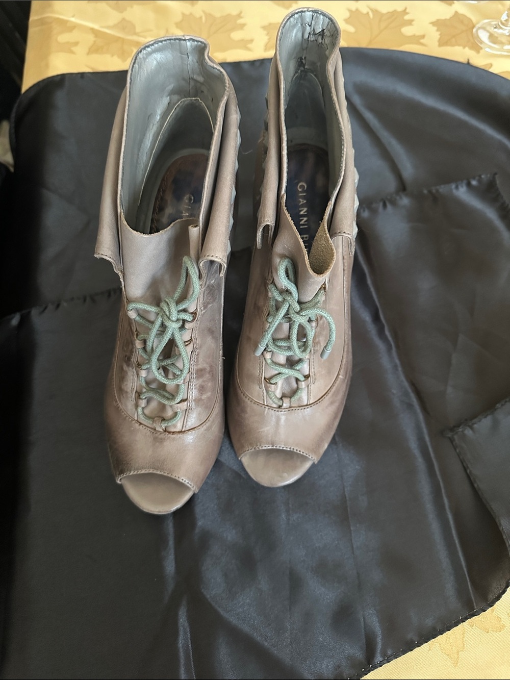 Gianni Bini Taupe Open-Toe Lace-Up Ankle Boots with Mint Laces